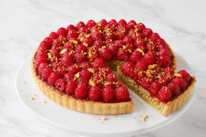Tarta pistacjowa z malinami