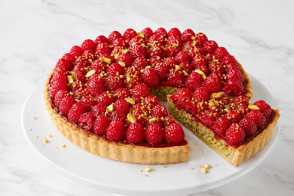 Tarta pistacjowa z malinami