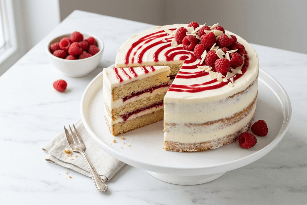 Tort z białą czekoladą i malinami